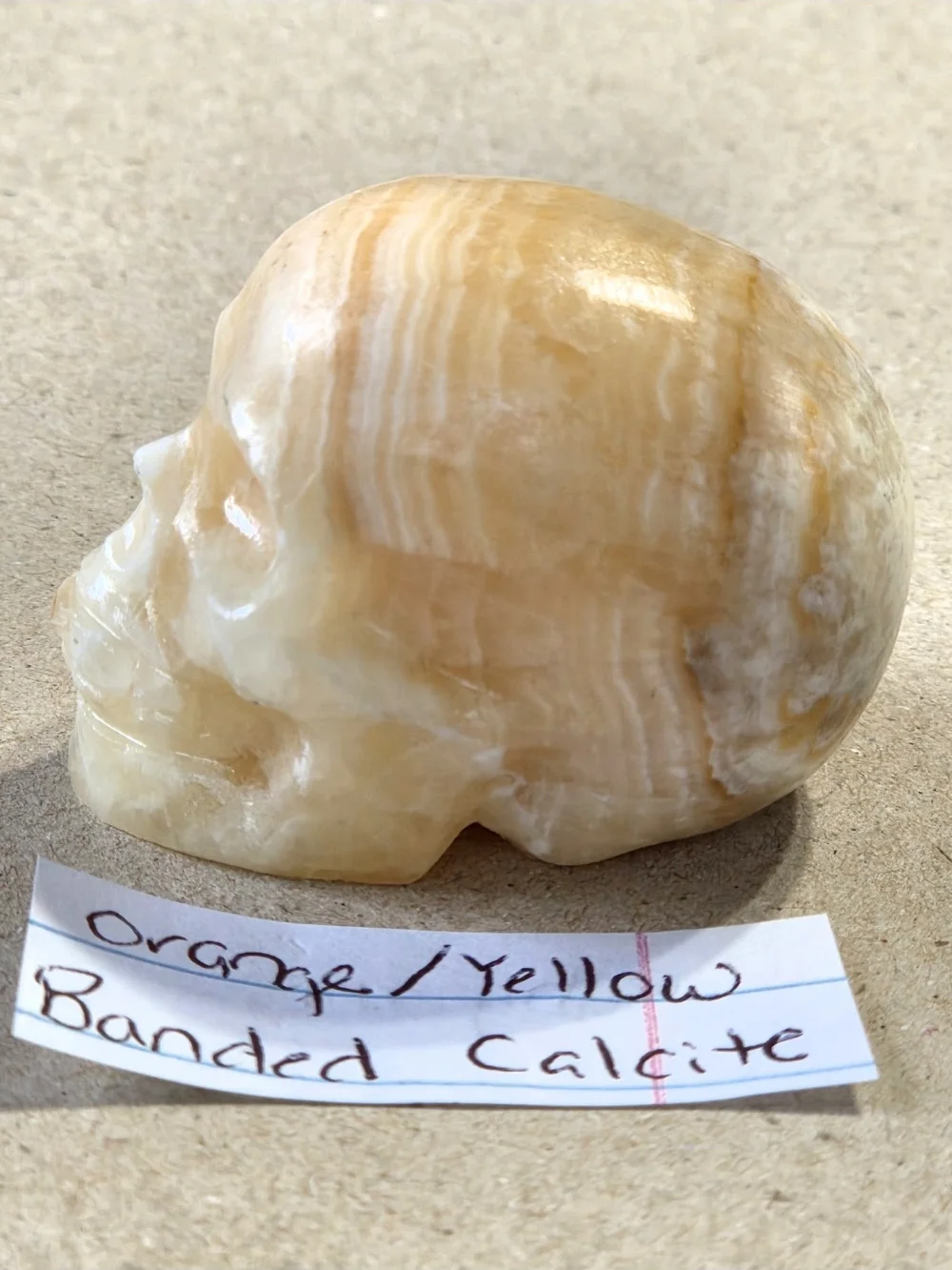 Detailed Orange/Yellow Banded Calcite Crystal Carved Skull Stone Sculpture Decor